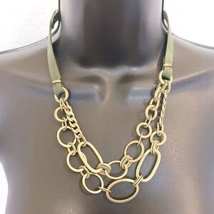 Anthropologie faux leather and Gold Chain Necklace- green and gold